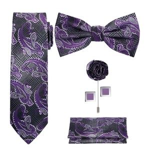Mens 5pc Paisley Neck Tie Bow Lapel Cuff Links Set